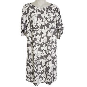 Perceptions New York Women Medium Shift Dress Gray White Floral Lined Tie Sleeve